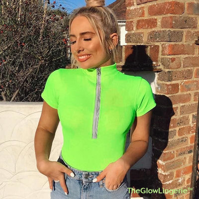 High Neck Zipper Bodysuit Neon Sexy Club -  - TheGlowLingerie™️ - TheGlowLingerie™️