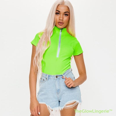 High Neck Zipper Bodysuit Neon Sexy Club -  - TheGlowLingerie™️ - TheGlowLingerie™️